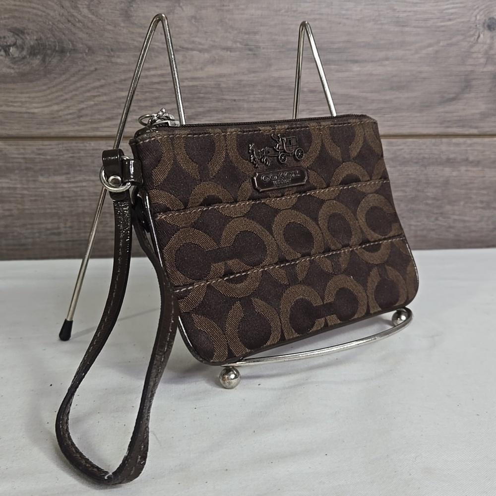 Coach Signature Dark Brown Canvas Wristlet Wallet - Picture 3 of 9